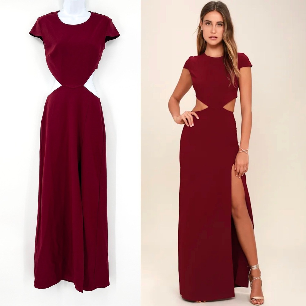 Lulus "Conversation Piece" Wine Red Backless Cutout Maxi Dress – Size M - HEMMED